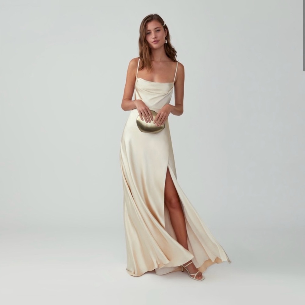 Fame and partners satin rosabel champagne cowl neck gown